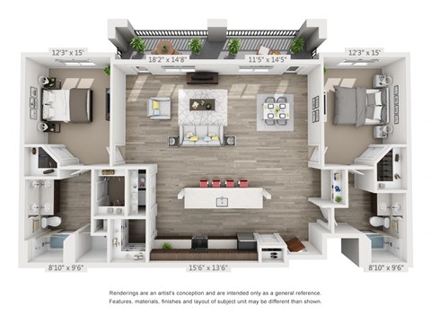 Floor plan for 2 beds, 2 baths, 1627 sqft